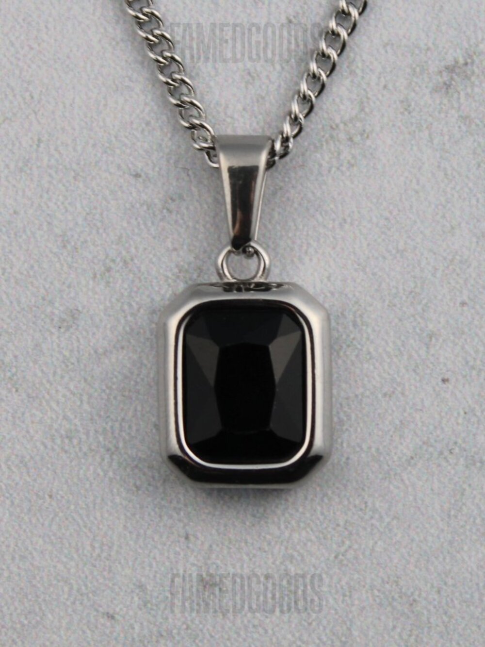 Silver Black Cubic Zirconia Gemstone Pendant Chain Necklace